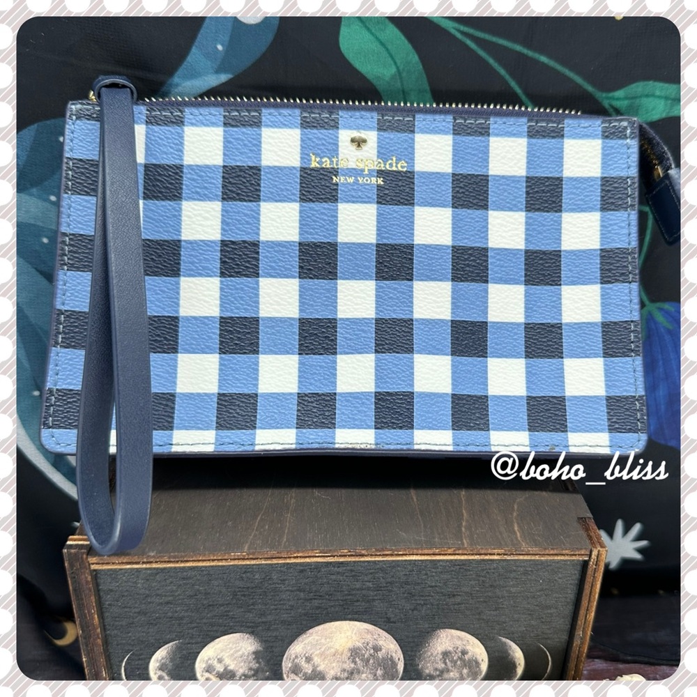 KATE SPADE | Blue and White Gingham Plaid Leather Wristlet Wallet NWOT